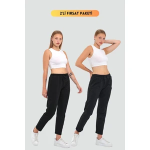 Kadın Siyah-Antrasit Regular Fit Düz Paça Beli Lastikli Bağcıklı 2'li Eşofman Altı