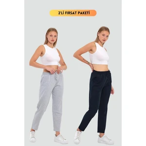 Kadın Gri-Lacivert Regular Fit Düz Paça Beli Lastikli Bağcıklı 2'li Eşofman Altı
