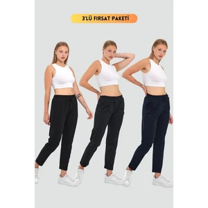 Kadın Siyah-Lacivert-Antrasit Regular Fit Düz Paça Beli Lastikli Bağcıklı 3'Lü Eşofman Altı