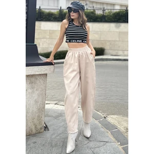 New Laviva Kadın Krem Yüksek Bel, Cepli, Beli Lastikli, Salaş Gabardin Pantolon
