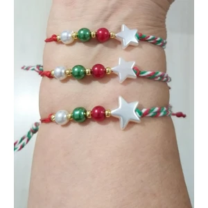 Funny Takı Üç Adet Kırmızı Yeşil Beyaz Marteniçka Ipli Yıldızlı Nazar Boncuklu Yılbaşı Bileklik