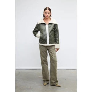 Oversize fit kürk astarlı deri ceket