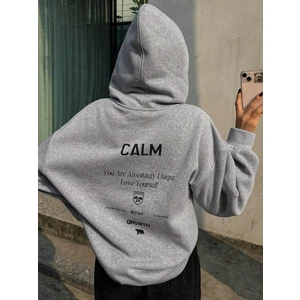 Kadın Gri Calm Growth Baskılı Oversize Kapüşonlu Sweatshirt