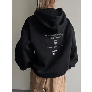 Kadın Siyah Calm Growth Baskılı Oversize Kapüşonlu Sweatshirt