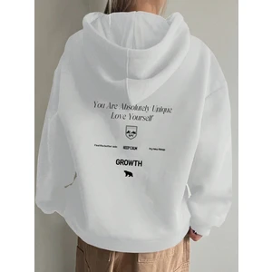 Kadın Beyaz Calm Growth Baskılı Oversize Kapüşonlu Sweatshirt