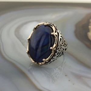 FK Gümüş 925 Ayar Gümüş Mavi Kaplan Gözü Taşlı Kral Tacı Erkek Yüzük