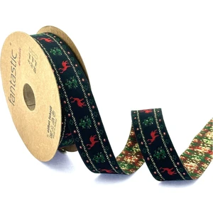 Yılbaşı, Geyik / Çam Ağacı Desen Simli & Saçaklı Dokuma Kurdele (25MM Genişlik - 10MT Uzunluk)