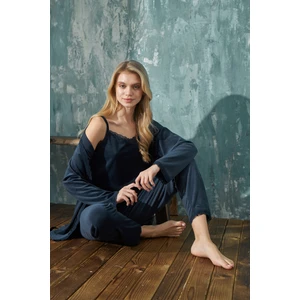 Kadın Fransız Kadife Lacivert Sabahlıklı 3'Lü Pijama Takımı