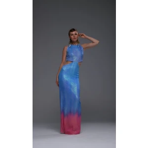 Official Mavi Pembe Cut Out Detaylı Degrade Maxi Elbise