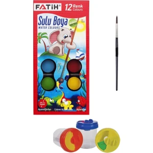 Sulu Boya 3'lü Set - 12'li Sulu Boya - Fırça - Su Kabı S.k