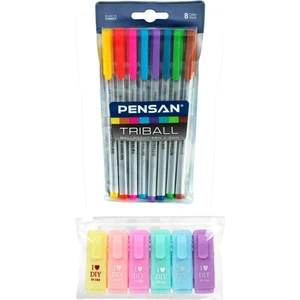 Triball 8'li Tükenmez Kalem ve I Love Diy 6'lı Mini Fosforlu Kalem Seti Renkli Kırtasiye