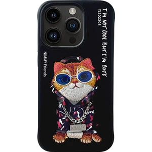 iPhone 15 Hiphop Serisi Kedi Nakış İşlemeli Zincir Detaylı Siyah Telefon Kılıfı