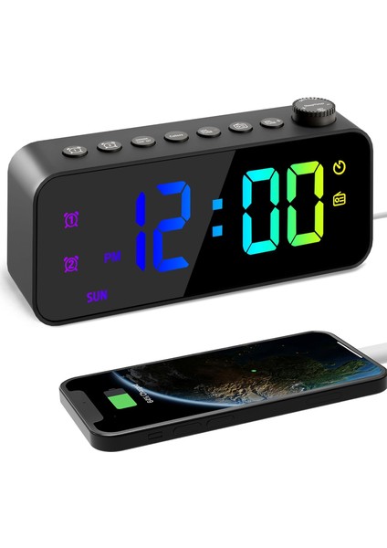 Geniş Yüzeyli Rgb Dijital Çalar Saatli Radyo, Ayarlanabilir Parlaklık ve Ses Seviyesi, Hafta Içi/hafta Sonu Modlu Çift Alarm, Erteleme, Fm Radyo Kapanma Zamanlayıcısı, USB Şarj Bağ (Yurt Dışından)