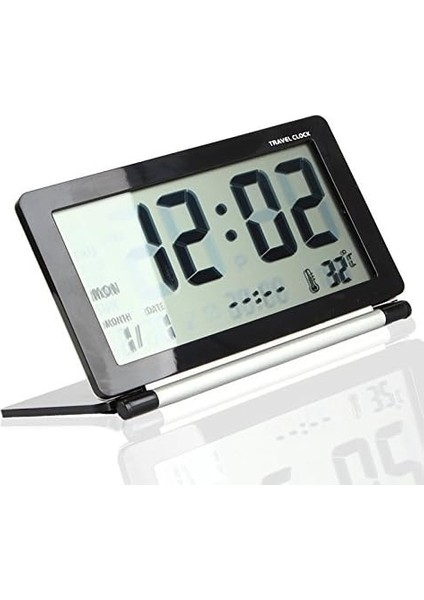 Çok Fonksiyonlu Sessiz LCD Dijital Geniş Ekran Seyahat Masası Elektronik Çalar Saat, Tarih/saat/takvim/sıcaklık Göstergesi, Erteleme, Katlanır (Siyah+Gümüş) (0616) (Yurt Dışından)