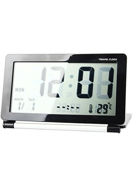 Çok Fonksiyonlu Sessiz LCD Dijital Geniş Ekran Seyahat Masası Elektronik Çalar Saat, Tarih/saat/takvim/sıcaklık Göstergesi, Erteleme, Katlanır (Siyah+Gümüş) (0616) (Yurt Dışından)
