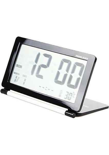 Çok Fonksiyonlu Sessiz LCD Dijital Geniş Ekran Seyahat Masası Elektronik Çalar Saat, Tarih/saat/takvim/sıcaklık Göstergesi, Erteleme, Katlanır (Siyah+Gümüş) (0616) (Yurt Dışından)