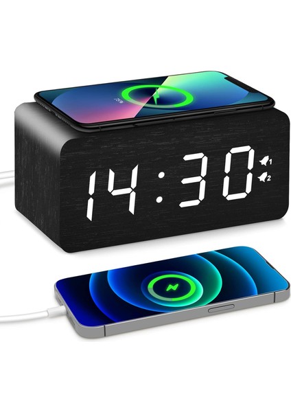 Ahşap Dijital Çalar Saat, 10W Hızlı Kablosuz Şarj Istasyonu ve USB Şarj Bağlantı Noktası, Kademesiz Kısıcı, Çift Alarm, Hafta Içi/hafta Sonu Modu, Yatak Odası, Masa, Ofis Için Ahşa (Yurt Dışından)