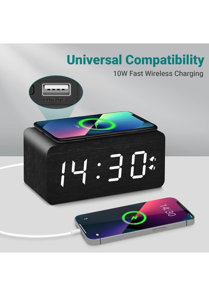 Ahşap Dijital Çalar Saat, 10W Hızlı Kablosuz Şarj Istasyonu ve USB Şarj Bağlantı Noktası, Kademesiz Kısıcı, Çift Alarm, Hafta Içi/hafta Sonu Modu, Yatak Odası, Masa, Ofis Için Ahşa (Yurt Dışından)