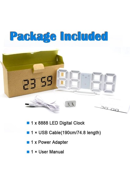 3 Ayarlanabilir Parlaklığa Sahip 3D Dijital Çalar Saat, 12/24SAAT, Erteleme, Yatak Odası Masası Çalar Saat LED Gece Işığı Dijital Duvar Saati (Beyaz/yeşil) (Yurt Dışından)
