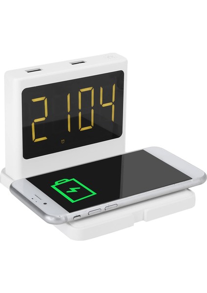 15W Kablosuz Şarj Pedli Dijital Çalar Saat, Qi Kablosuz Şarjlı Kompakt Dijital Çalar Saat, Erteleme, Zaman Göstergesi, 4 Parlaklık Seviyesi, Çift USB Şarjı (Beyaz) (Yurt Dışından)