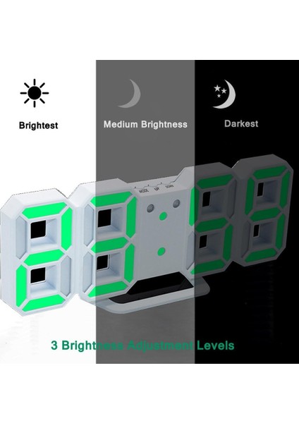 3 Ayarlanabilir Parlaklığa Sahip 3D Dijital Çalar Saat, 12/24SAAT, Erteleme, Yatak Odası Masası Çalar Saat LED Gece Işığı Dijital Duvar Saati (Beyaz/yeşil) (Yurt Dışından) fiyatları