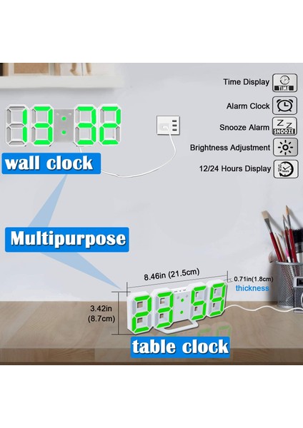 3 Ayarlanabilir Parlaklığa Sahip 3D Dijital Çalar Saat, 12/24SAAT, Erteleme, Yatak Odası Masası Çalar Saat LED Gece Işığı Dijital Duvar Saati (Beyaz/yeşil) (Yurt Dışından) fırsatları
