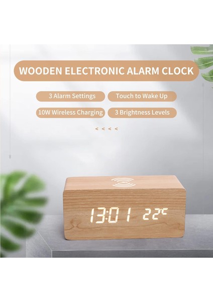 Dijital Ahşap Çalar Saat Yatak Odası Için Elektronik LED Zaman Göstergesi 10W Kablosuz Şarj 3 Alarm Ayarı Tarih ve Sıcaklık Göstergesi, Siyah (Yurt Dışından) fırsatları