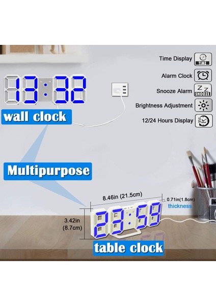 Dijital Çalar Saat, 3D LED Elektronik Saatler, Erteleme Modeli, 3 Ayarlanabilir Parlaklık, Ofis Masası Yatak Odası Komidin Için Duvar Saati (Beyaz/mavi) (Yurt Dışından) fırsatları