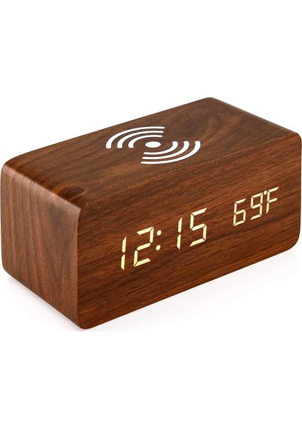 Qi Kablosuz Şarj Pedli Çalar Saat iPhone Samsung Ahşap LED Dijital Saat Ses Kontrol Fonksiyonu, Saat Tarihi, Yatak Odası Ofis Ev Için Sıcaklık Göstergesi - Kahverengi (Yurt Dışından)