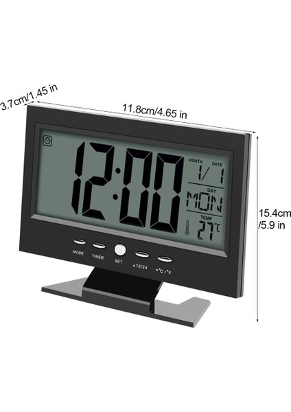 Elektrikli Çalar Saat, LCD Ekran Dijital Akıllı Gece Lambası Ses Sensörü Masa Masası Çalar Saat, Takvim ve Sıcaklık Zaman Tarih Göstergesi (Siyah) (Yurt Dışından)