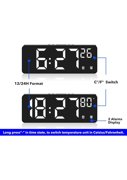 Yatak Odası Için Dijital Çalar Saat, Sıcaklık Göstergeli Ayna Yüzey LED Elektronik Saatler, 5 Seviye Parlaklık, 2 Alarm Ayarı, Erteleme Modeli, Ses Kontrolü, 12/24 Saat Ekran, Alar (Yurt Dışından)