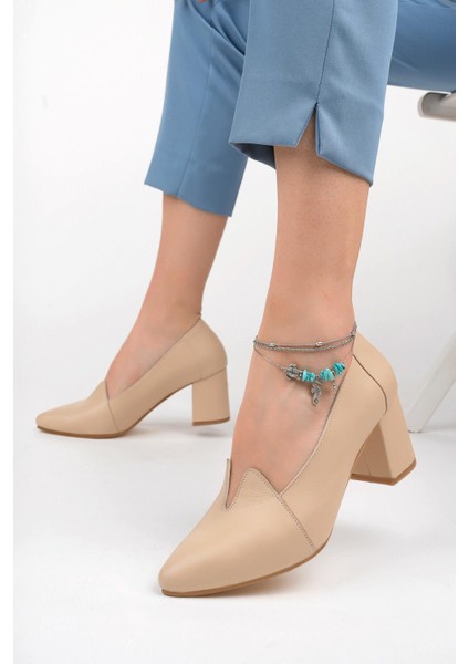 Hakiki Deri Bej Kadın Topuklu Deri Ayakkabı TRC71-0955