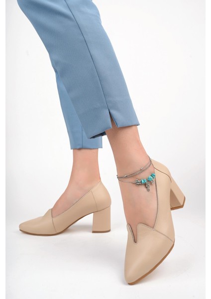 Hakiki Deri Bej Kadın Topuklu Deri Ayakkabı TRC71-0955 modelleri
