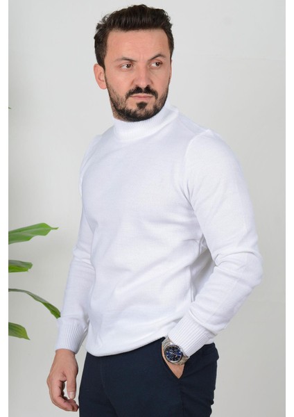 Erkek Düz Yarım Balıkçı Yaka Slim Fit Triko Kazak Beyaz Edw020