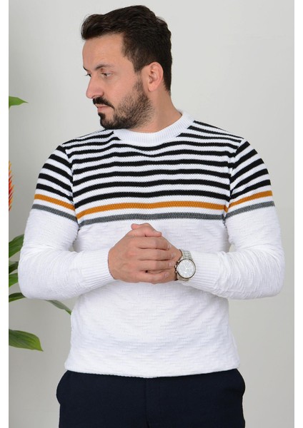 Erkek Çizgili Bisiklet Yaka Slim Fit Triko Kazak Beyaz Edw019