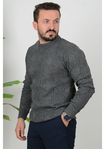 Erkek Desenli Bisiklet Yaka Slim Fit Triko Kazak Antrasit Edw018