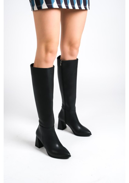 Kalibri Siyah Mat Kalın Topuklu Klasik Çizme Suni Deri modelleri