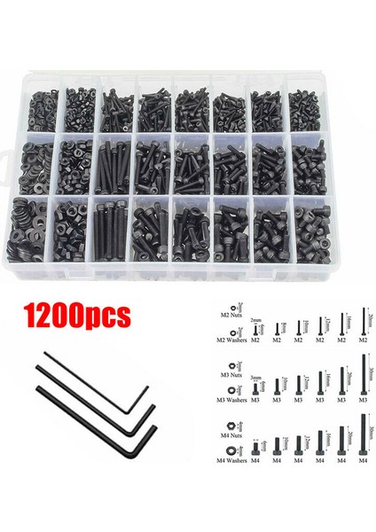 Fonksiyonel 1200 Adet M2 M3 M4 Çelik Kafa Soket Altıgen Set Kapak Vidası Cıvata Somun Çeşitli Kutu (Yurt Dışından) modelleri