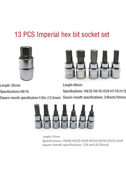 Fs-Hex Bit Lokma Seti, Imperial Hex Bit Lokma Seti, 13 Parçalı Set, S2 ve Cr-V Çelik, 1/4 Inç, 3/8 Inç ve 1/2-Inç Sürücü (Yurt Dışından)