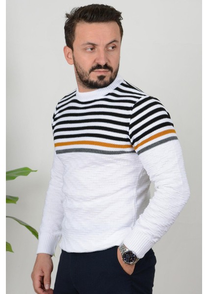 Erkek Çizgili Bisiklet Yaka Slim Fit Triko Kazak Beyaz Edw019