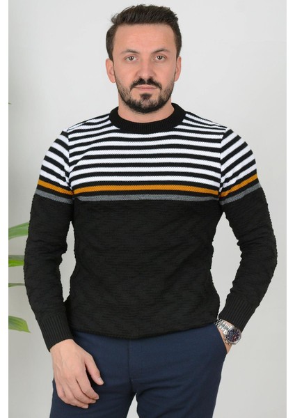 Erkek Çizgili Bisiklet Yaka Slim Fit Triko Kazak Siyah Edw019