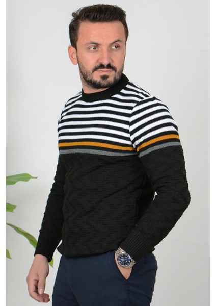 Erkek Çizgili Bisiklet Yaka Slim Fit Triko Kazak Siyah Edw019