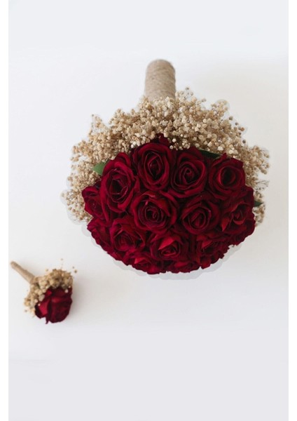 Kırmızı Kadife Gül Gelin Buketi Cipsolu