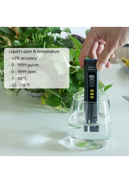Su Sayacı Ph Ölçer, Tds-Ec-Temp'li Ppm Test Cihazı (3'ü 1 Arada) ve +/- %2 Doğruluk, Ph Test Cihazı 0-14,00PH ve 0,01 Doğruluk (Yurt Dışından)