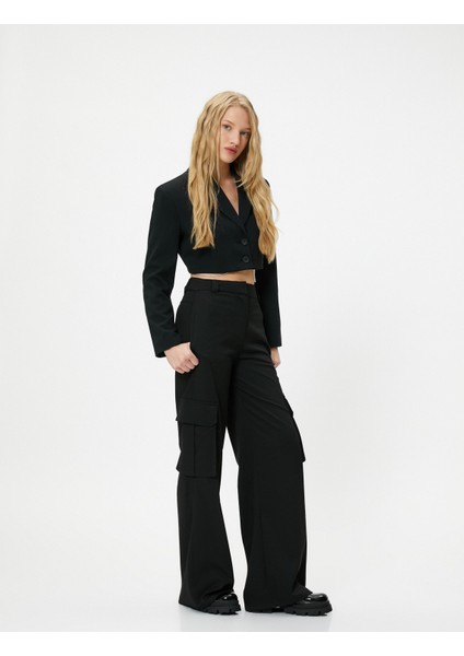 Crop Ceket Ters Kruvaze Yaka Düğme Kapamalı Slim Fit Zincir Detaylı