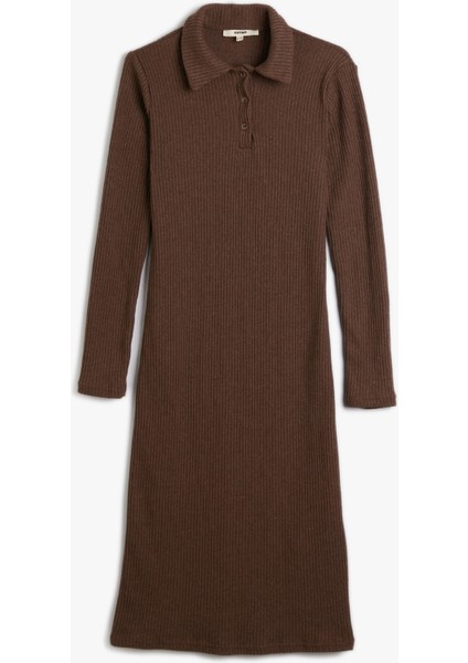 Polo Yaka Elbise Midi Düğmeli Fitilli