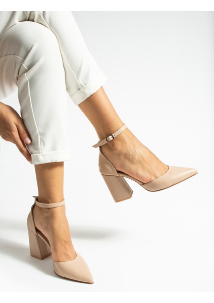 8,5 Cm Nude Kalın Topuk Bilekten Bağlamalı Stiletto Topuklu Ayakkabı modelleri