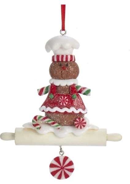 KırmızıBeyaz 11,5cm Kil Dolgu Oklavalı Aşçı Kız Zencefilli Kurabiye Yılbaşı Süsü