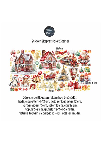 Sticker Ekspres Kırmızı Gold Yılbaşı Yeni Yıl Cam Kapı Duvar Sticker Seti