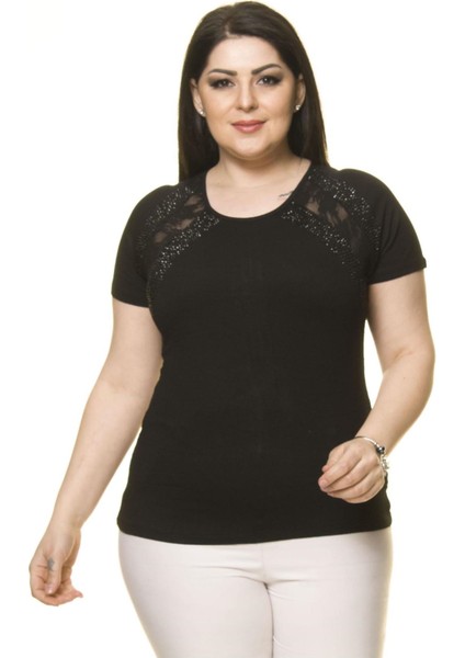 Kadın Büyük Beden Siyah Fermuarlı Dantelli Bluz 16D-70005 fiyatları